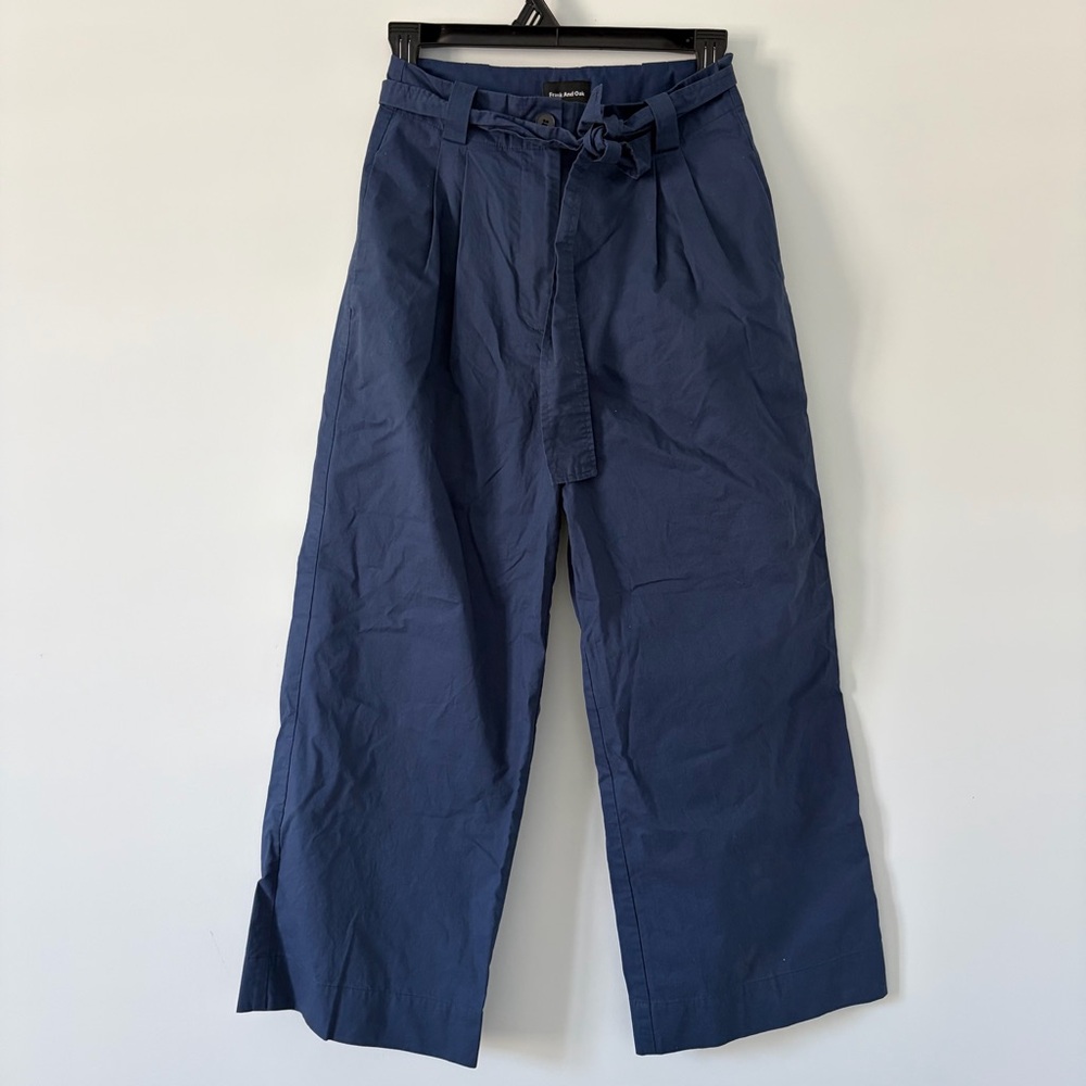 Frank and Oak Navy Blue High Rise Pleated Front Tie Waist Wide Leg Pants 2